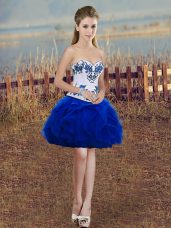 Mini Length Royal Blue Casual Dresses Tulle Sleeveless Embroidery and Ruffles