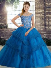 Sexy Blue Lace Up Off The Shoulder Beading and Lace Quinceanera Dress Tulle Sleeveless Brush Train