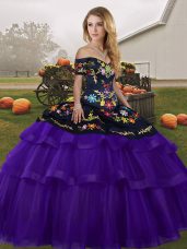 Great Brush Train Ball Gowns Sweet 16 Quinceanera Dress Black And Purple Off The Shoulder Tulle Sleeveless Lace Up