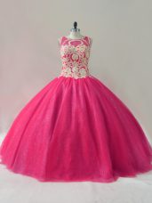 Graceful Floor Length Lace Up Quinceanera Dress Hot Pink for Sweet 16 and Quinceanera with Appliques