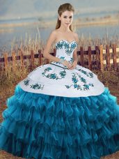 Glorious Floor Length Blue And White Sweet 16 Quinceanera Dress Organza Sleeveless Embroidery and Ruffled Layers and Bowknot