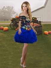 Modest Royal Blue Sleeveless Embroidery and Ruffles Mini Length Homecoming Dress