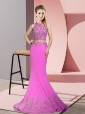 High-neck Sleeveless Sweep Train Zipper Evening Outfits Lilac Satin