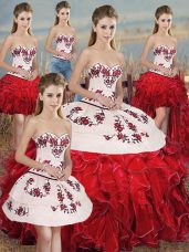 Elegant Floor Length White And Red Sweet 16 Dresses Organza Sleeveless Embroidery and Ruffles and Bowknot