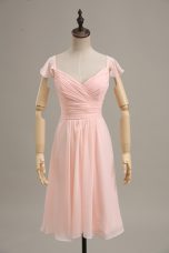 Customized Empire Formal Evening Gowns Pink Straps Chiffon Cap Sleeves Zipper