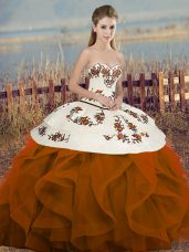 Sweetheart Sleeveless Tulle 15 Quinceanera Dress Embroidery and Ruffles and Bowknot Lace Up