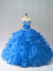 Customized Sleeveless Organza Floor Length Lace Up Quince Ball Gowns in Blue with Beading and Ruffles