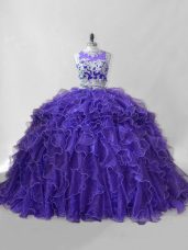 Purple Scoop Zipper Beading and Ruffles Quinceanera Dresses Brush Train Sleeveless