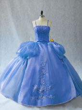 Sleeveless Organza Floor Length Lace Up Vestidos de Quinceanera in Blue with Appliques