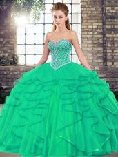 Superior Tulle Sweetheart Sleeveless Lace Up Beading and Ruffles 15th Birthday Dress in Turquoise