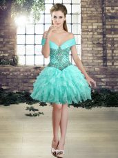 Mini Length Aqua Blue Dress for Prom Organza Sleeveless Beading and Ruffles