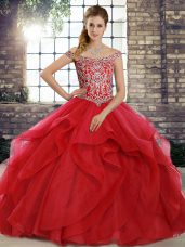 Flirting Sleeveless Beading and Ruffles Lace Up Sweet 16 Dresses with Red Brush Train