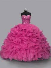 Cheap Hot Pink Organza Lace Up Sweet 16 Dresses Sleeveless Floor Length Beading