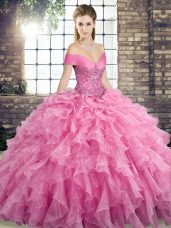 Fitting Sleeveless Brush Train Lace Up Beading and Ruffles Sweet 16 Dress