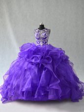 Modern Floor Length Purple Sweet 16 Dresses Organza Sleeveless Beading and Ruffles