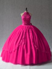 Floor Length Fuchsia 15 Quinceanera Dress Halter Top Sleeveless Lace Up