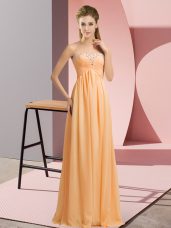 Sleeveless Chiffon Floor Length Lace Up Evening Dress in Orange with Beading