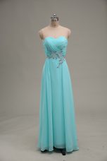 Floor Length Zipper Homecoming Dress Aqua Blue for Prom and Party and Military Ball with Appliques and Ruching