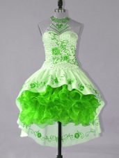 Graceful Green Halter Top Neckline Embroidery and Ruffles Club Wear Sleeveless Lace Up