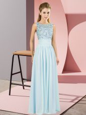 Nice Floor Length Empire Sleeveless Light Blue Backless