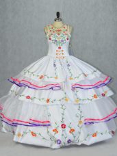 Fine Organza and Taffeta Scoop Sleeveless Lace Up Embroidery and Ruffled Layers Sweet 16 Quinceanera Dress in White