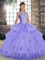 Tulle Scoop Sleeveless Lace Up Lace and Embroidery and Ruffles Sweet 16 Dresses in Lavender