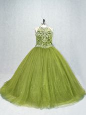 Sophisticated Olive Green Tulle Lace Up Scoop Sleeveless Quinceanera Gowns Brush Train Beading