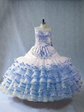 Sleeveless Organza Floor Length Lace Up Quince Ball Gowns in Blue And White with Embroidery and Ruffled Layers