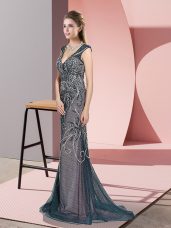 Romantic Sleeveless Tulle Sweep Train Zipper Evening Gowns in Teal with Beading