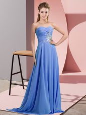 Sweetheart Sleeveless Prom Dresses Floor Length Beading and Ruching Blue Chiffon