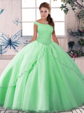 Super Off The Shoulder Sleeveless Vestidos de Quinceanera Brush Train Beading Apple Green Tulle