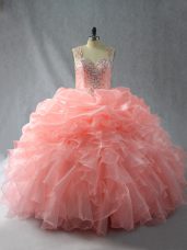 Super Peach Zipper Straps Beading and Ruffles and Pick Ups Quinceanera Dress Organza Sleeveless