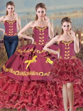 Beautiful Burgundy Sweetheart Neckline Embroidery and Ruffles Quinceanera Dress Sleeveless Lace Up