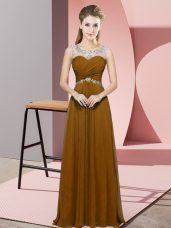 Floor Length Brown Evening Dress Scoop Sleeveless Backless