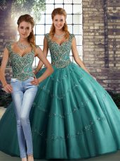 Modest Teal Sleeveless Beading and Appliques Floor Length Quinceanera Dress