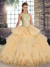 Latest Tulle Sleeveless Floor Length Vestidos de Quinceanera and Lace and Embroidery and Ruffles