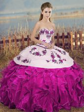 New Style Organza Sweetheart Sleeveless Lace Up Embroidery and Ruffles and Bowknot Quince Ball Gowns in Fuchsia