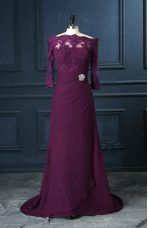 Scalloped Sleeveless Brush Train Zipper Prom Dress Purple Chiffon