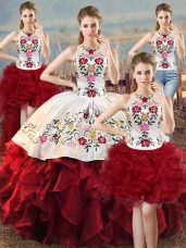 Captivating White And Red 15th Birthday Dress Sweet 16 and Quinceanera with Embroidery and Ruffles Halter Top Sleeveless Lace Up