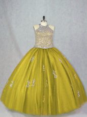 Inexpensive Olive Green Ball Gowns Halter Top Sleeveless Tulle Floor Length Lace Up Beading and Appliques Ball Gown Prom Dress