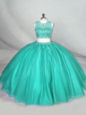 Turquoise Scoop Neckline Beading 15 Quinceanera Dress Sleeveless Zipper