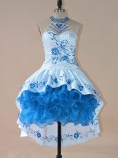 Low Price Halter Top Sleeveless Lace Up Party Dresses Blue Satin and Organza