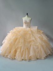 Sweetheart Sleeveless Brush Train Lace Up Vestidos de Quinceanera Gold Organza