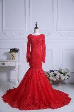 Excellent Red Long Sleeves Lace Zipper Evening Gowns