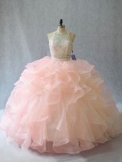 Peach Organza Backless Vestidos de Quinceanera Sleeveless Brush Train Beading and Ruffles