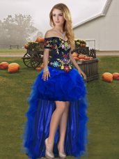 Custom Made A-line Pageant Dress Womens Royal Blue Off The Shoulder Tulle Sleeveless High Low Lace Up