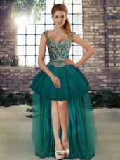 Romantic High Low Lace Up Glitz Pageant Dress Dark Green for Prom and Party with Beading