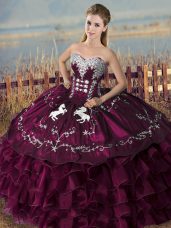 Embroidery and Ruffles Quinceanera Gown Purple Lace Up Sleeveless Floor Length