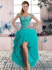 Off The Shoulder Sleeveless Tulle High School Pageant Dress Beading and Ruffles Lace Up