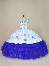 High Class White And Purple Cap Sleeves Satin and Organza Lace Up 15 Quinceanera Dress for Sweet 16 and Quinceanera